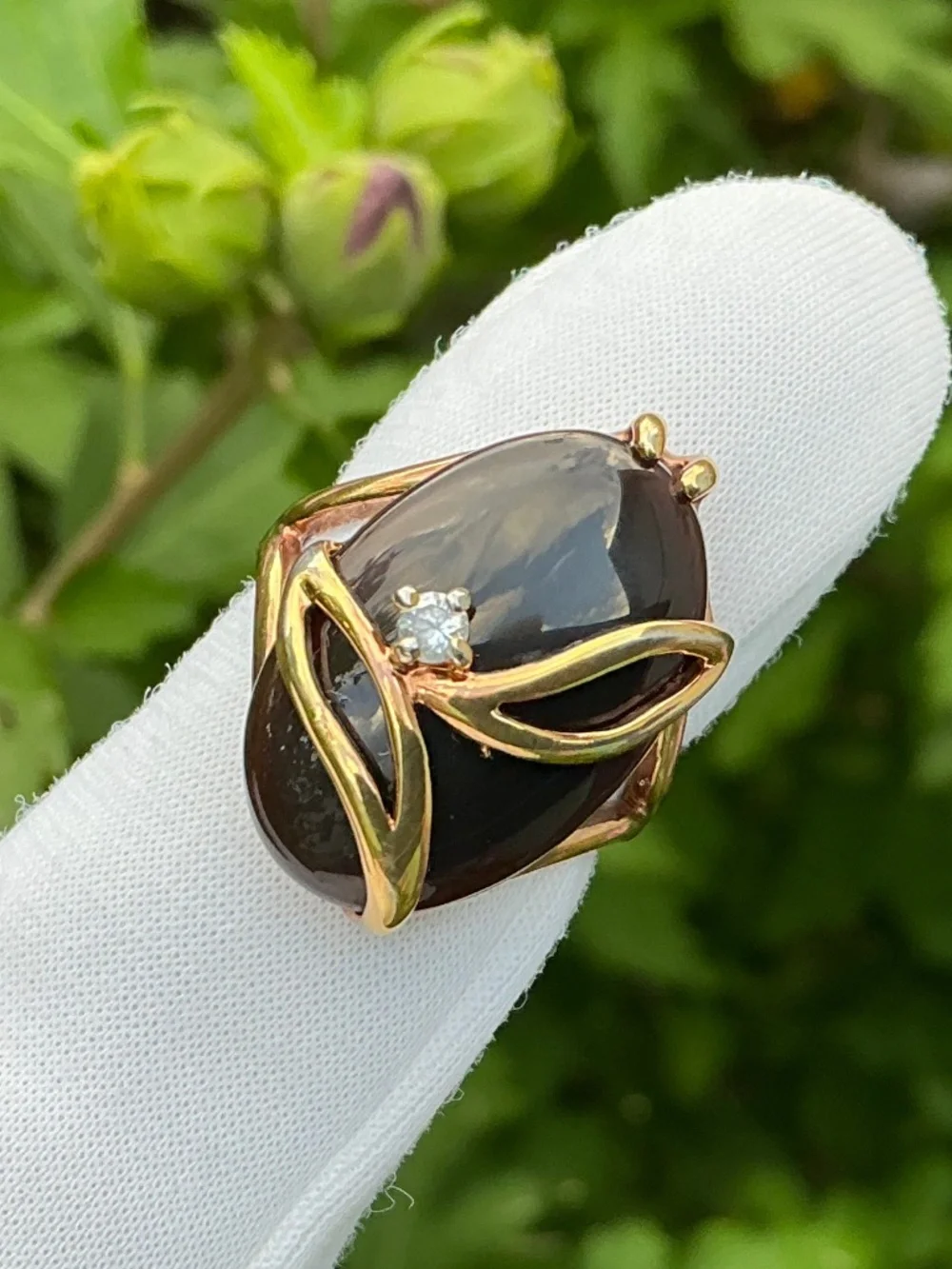 Vintage Seta Oval Black Onyx & Crystal Gold Plated Statement Ring Size 6